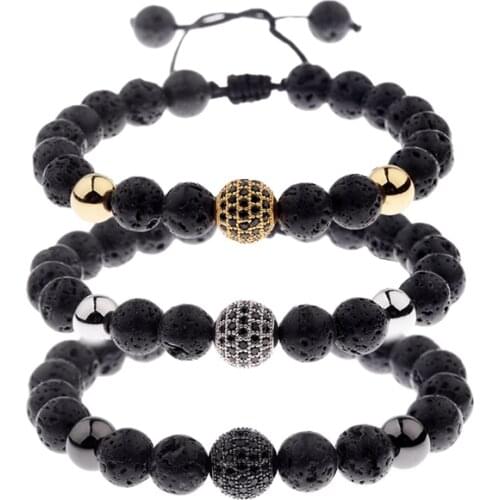 Amader Charm Men Lava Bead Bracelets Men Ball Black Zircon Rope Braided Luxurious Bracelet Adjustable Pulseras Wholesale 2019