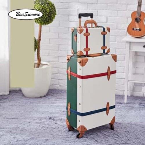 BeaSumore Japan Korea Retro PU Leather Rolling Luggage Sets Spinner Women Suitcase Wheel Trolley Womens Handbag Travel Bag