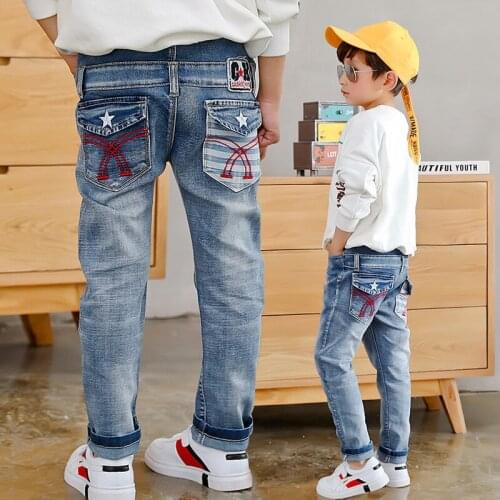 2019 Big Boys Jeans Fashion Teen-ages High Quality Elastic Waist Cotton Full Length Blue Jeans Appliques Straight size 100-160