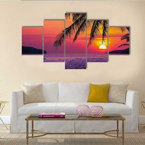 Coconut Tree in Sunset Beach 5 Panel Canvas Picture Print Wall Art Canvas Painting Wall Decor for Living Room Poster No Framed