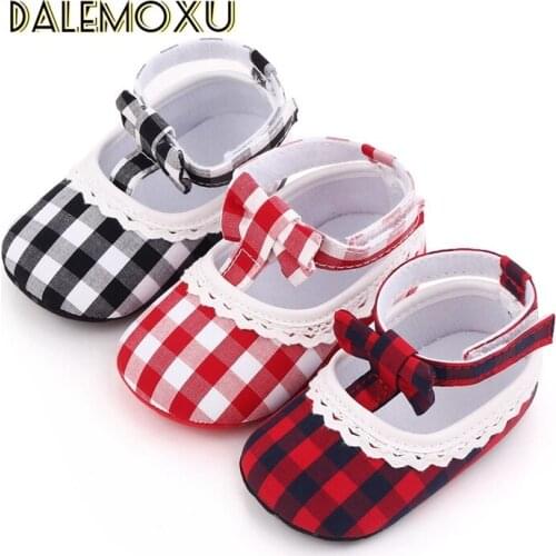 Newborn Baby Girl Shoes Plaid Toddler Non-slip Flat Soft-sole Cotton Crib Shoes Lovely Butterfly-knot Infant First Walkers 0-18M