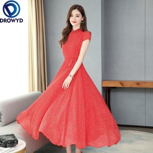 2021 Vintage Blue Dot Print Chiffon Vacation Maxi Dress Spring Summer Plus Size Runway Dress Elegant Women Bodycon Party Vestido