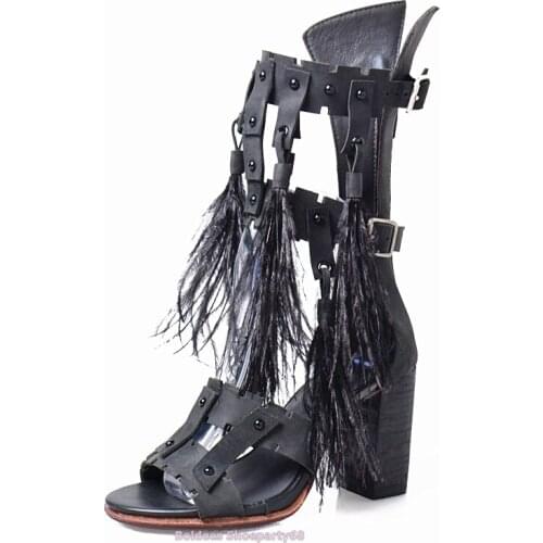 Buckle Straps Tassels Feather Chunky High Heeled Sandals Women Knot Gladiator Leather SummerHigh Heel Dress Shoes