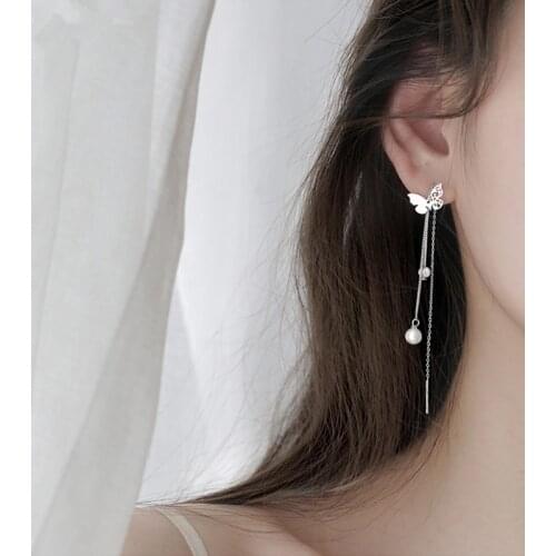 925 Sterling Silver Tassel Round Pearl Bead Butterfly Drop Earring for Women Party Wedding Jewelry eh1644