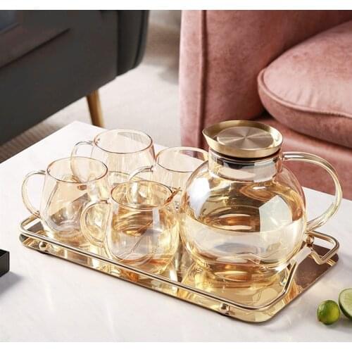 Glass Tea Cup Pot Set Borosilicate Heat-resistant Living Room Cup Home Use 1800ml Flower Tea Kettle Amber Teaware Set with Tray