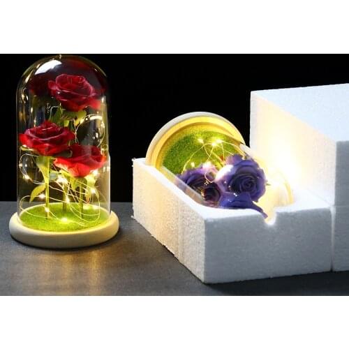 Wedding gift lovers Beauty and the beast Three Flowers Red Rose LED Light Summit Base Glass For Mother Valentines Day Present