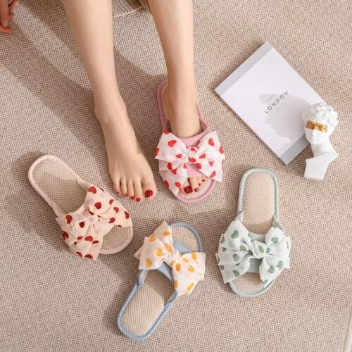Summer Women Slippers New Home Linen Slippers Breathable Indoor Fabric Slippers Love Big Bow Comfortable Dots Casual Slippers
