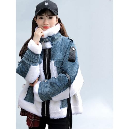 Cashmere Coat Winter Short Jacket Women 2021 New Lamb Wool Fur One Denim Stitching Motorcycle Jacket Women Thick Warm Overcoat