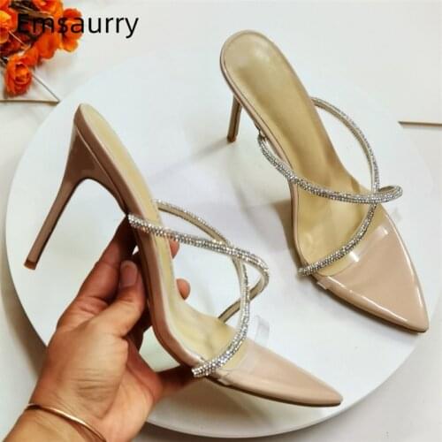 Cross Narrow Band Runway Sandals Women Stiletto Heel Sexy Pointed Toe Jeweled Rhinestone Transparent PVC Summer Shoes