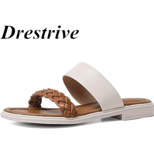 Drestrive Womens Slippers Cow Leather Low Heels 2020 Summer Female Casual Shoes Round Toe Flats Black Genuine Leather Outside