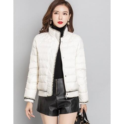 2021 Winter New Fashion Women White Duck Down Coat Female Stand Collar Zipper Lace Solid Puffer Jacket Thick Warm Ladies Outwear