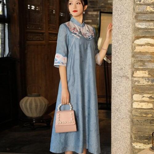 2021 spring new artistic copper ammonia silk improved Qipao womens Embroidery Zen tea dress jacquard