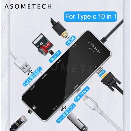 10 in 1Multi USB 3.0 Hub VGA RJ45 Adapter Dock Splitter 10 Ports USB HUB SD TF Card Reader Type C HUB USB-C HUB for Laptop