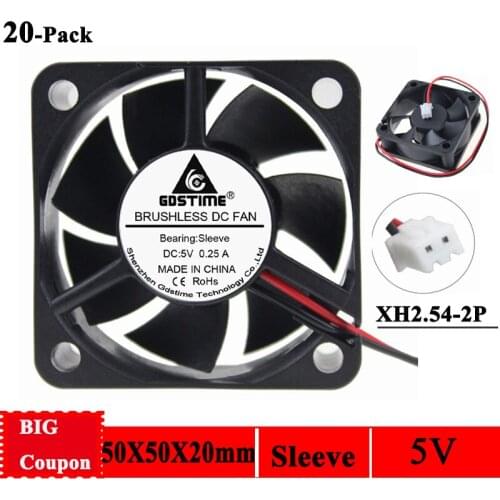 Gdstime 20pcs 5020 5cm 50x50x20mm 2Pin DC 5V 0.25A 2inch Mini Cooling Fan 2-pin Exhaust Cooler