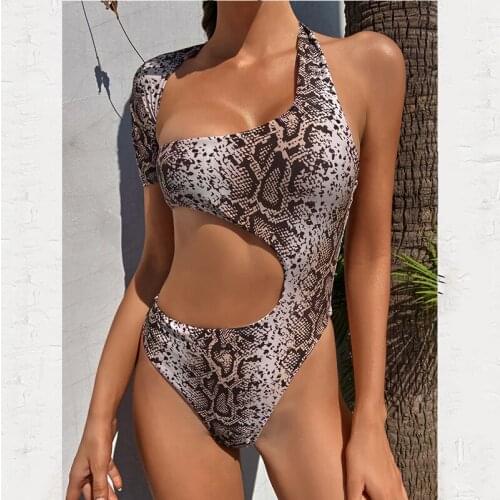 2021 Hot Push-Up Sexy Snake Pattern Irregular Collar High Waist One-Piece Bikini Swimsuit, Open Back High Waist Hollow Swimsuit