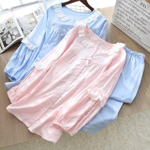 2020 Japanese style spring and autumn new ladies cotton bamboo cotton home clothes long-sleeved trousers lace pajamas suit women