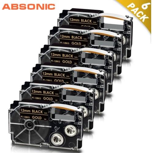 Absonic 6PK XR-12BKG Gold on Black Compatible for Casio Label Tape 12mm*8m Compatible for Casio XR12BKG XR 12BKG Label Maker
