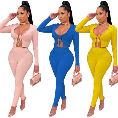 Casusl Solid Bandage Ruffles Tracksuit Women Sexy V Neck Long Sleeve Lace Up Crop Top Pencil Pants Slim Two Piece Set Club wear