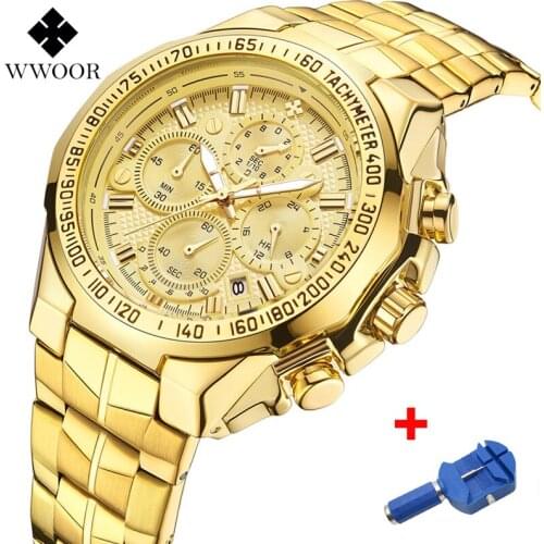 Mens Watches WWOOR Top Brand Men Golden Quartz Watch Chronograph Seven Needles Waterproof Sports Wristwatch Relogio Masculino