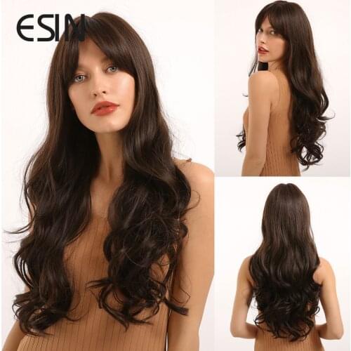 ESIN Dark Brown Hair Wigs Long Natural Wave Hair For Women Synthetic Long Wigs with Bangs Free Shipping Heat Resistant