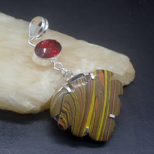 Gemstonefactory Jewelry Big Promotion 925 Silver Rainbow Stripe Jasper Red Garnet Women Ladies Gifts Necklace Pendant 0462