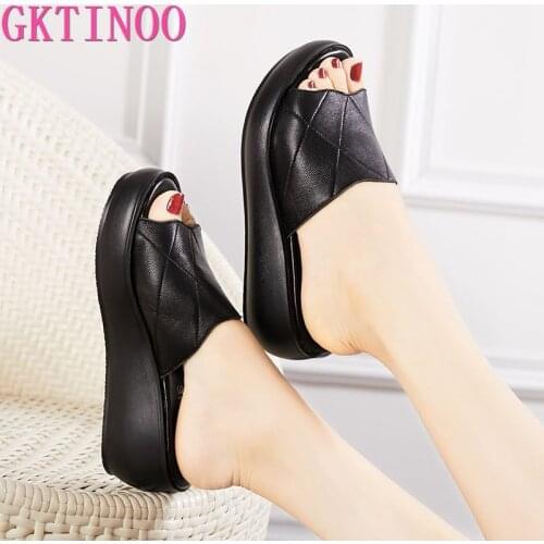 GKTINOO Women Slippers 2021 Ladies Summer Slippers Shoes Women Wedges Heels Fashion Summer Genuine Leather Shoes Platform