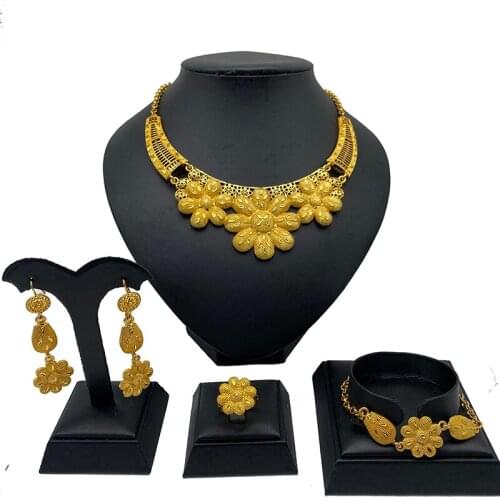 Indian Jewelry sets for women Dubai 24k gold color Flower African wedding bridal wife gifts Necklace earrings Party jewellery