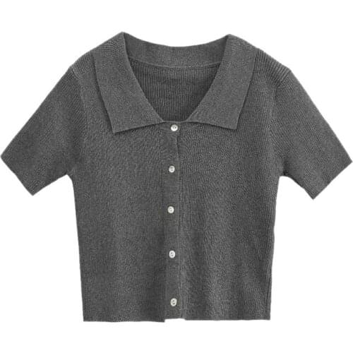 Korean Top Short Sleeve Cardigan Thin Tshirt Summer Solid Color Ice Silk Knitted Tee Shirt Tops