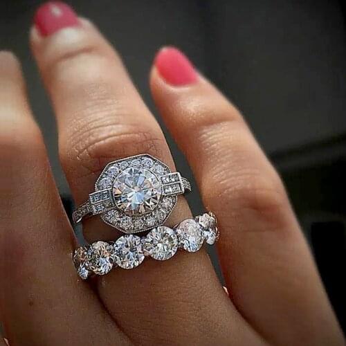 Huitan New Trendy Double Stackable Set Rings for Women Wedding Party Accessories with Shiny Cubic Zirconia Luxury Female Jewelry