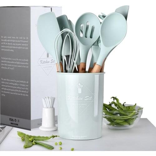 12pcs Silicone Cooking Utensils Tools Set Premium Kitchen Cooking Set with Storage Box Holder Turner Tongs Spatula Soup Spoon