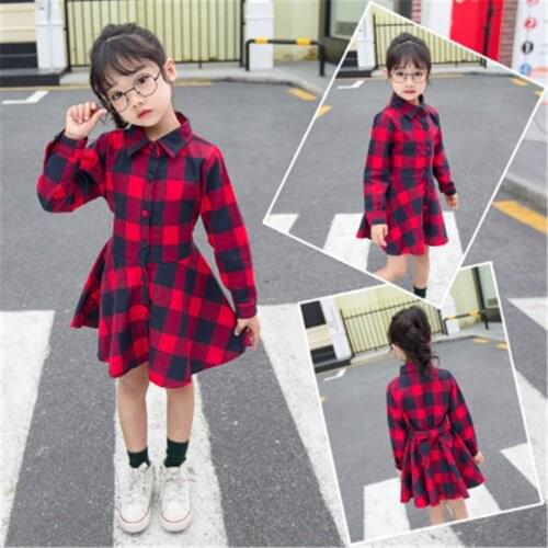 2019 New Baby Spring Long Sleeve Dress for Girls Fashion Kids Turn-down Collar Check Dress Single Breasted Dresses Dropshipping
