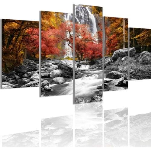 Creek Red Leaves Tree Mountain Landscape 5 Panels Canvas Painting Poster Wall Art Print Picture Living Room Home Decor Frame