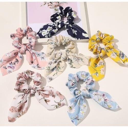 Wholesale women boho printing Hair bands bunny ear hair scrunchies girls Bow-knot printed Accessories Ponytail Holder