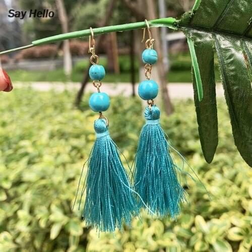 SAY HELLO Womens Tassel Earrings Boho Turquoises Stone Hook Earrings Female Fabric Long Fringe Drop Dangle Earring Brinco B0112