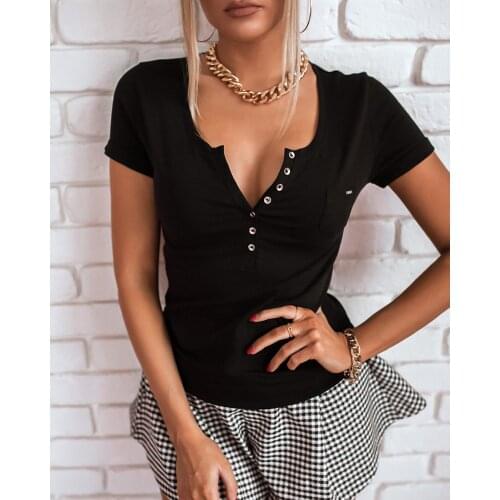 Summer Women Solid Button Designed Top 2021 New Femme Sexy Short Sleeve O Neck Plain T- Shirt Office Lady Casual Skinny Tee