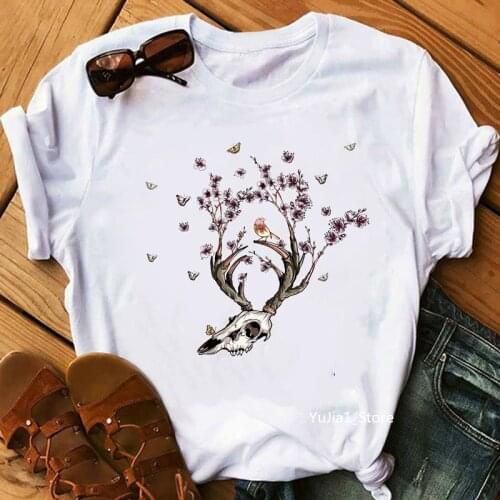 Retro skeleton bird butterflies print womens t shirt summer top female white t-shirt camisetas mujer geek tee halloween tshirts