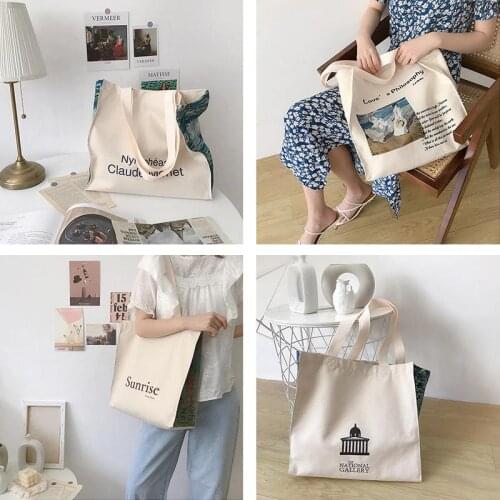 Women Canvas Shoulder Bag Love Philosophy Daily Shopping Bags Oil Painting Books Bag Thick Cotton Cloth Handbags Tote For Ladies