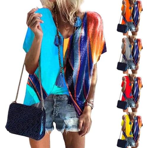Summer Women T-shirt Color Block Loose V Neck Short Sleeve Blouse Top for Work