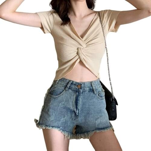 Women’s Summer Casual Knitted T-Shirt Crop Top Short Sleeve V-Neck Pullover Cross Wrap Front Sweatshirt Slim Fit Layer Tee Shirt