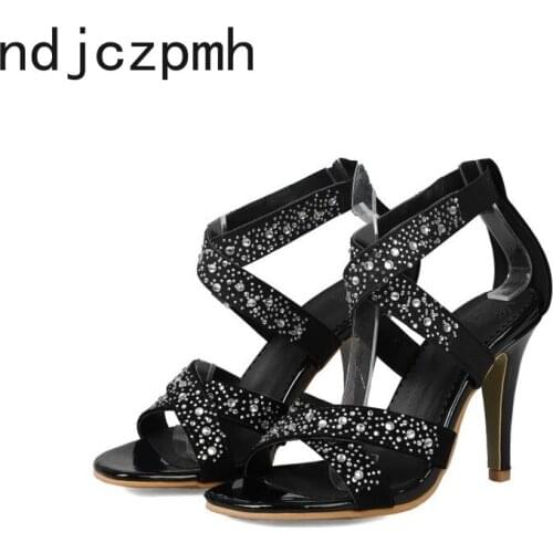Womens Sandals Summer The New Fashion Open Toe Sexy Crystal Thin Heels High Heel Womens Shoes Plus Size 31-48 Black Off-White