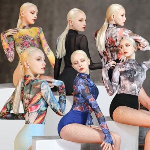 New Latin Dance Costumes For Women High Neck See-Through Full Mesh Top Sexy Jumpsuit Dance Top Latin Practice Clothes DN7445
