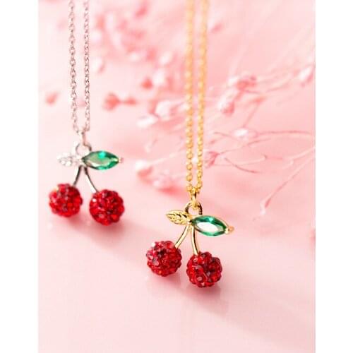 MloveAcc 100% Real 925 Sterling Silver Cute Red Crystal Cherry Pendant Necklace for Fashion Women Girl Kids Gift Silver Jewelry