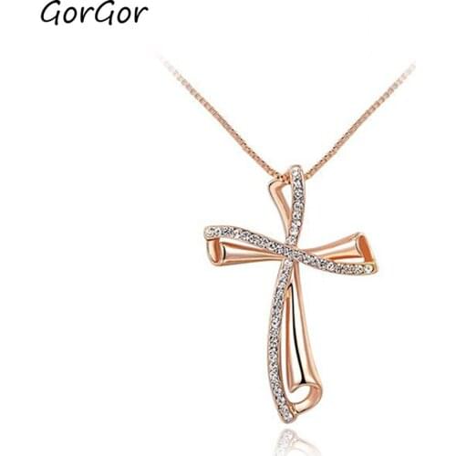 GorGor Necklace Women Alloy Material Pattern Slanted Cross Cubiczirconia Pendant Gold Plating Exquisite Jewelry 2030452530b