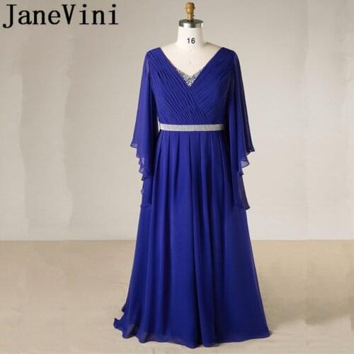 JaneVini Royal Blue Crystal Mother Of The Bride Dresses A-Line Long Sleeves V-Neck Chiffon Formal Evening Party Gowns Plus Size