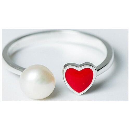 Red heart pearl open ring 100% Sterling 925 silver Jewelry Vintage Adjustable rings for women girl gift free size