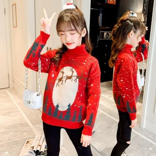 Winter Girls Thick Warm Pullover Sweater Children Cartoon Christmas Elk Pattern Turtleneck Tops Kids Clothes 5 6 7 8 9 10 11 12y
