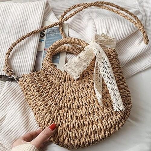 2021 Summer Straw Bag Women Hand Woven Handbag Moon Shape Lace Bow Rattan Bag Drawstring Fashion Beach Shoulder Crossbody Bags