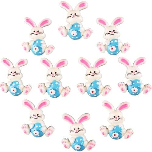 50pcs Easter Bunny Rabbit with Blue Egg Resin Scrapbooking Hair Bow Clip Center Crafts Embellishment Charms Cabachons