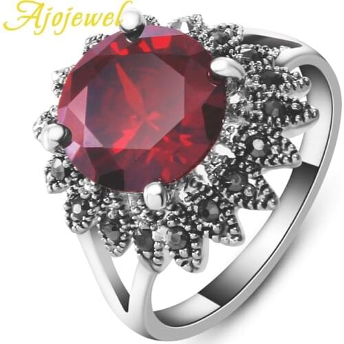 Ajojewel Size 7-9 Antique Zinc Alloy vintage rings with stones Red Black Zircon Jewelry Flower Accessory