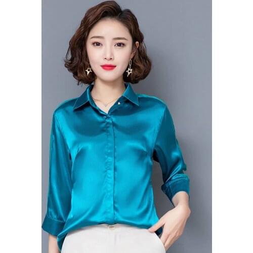 Basic women satin shirt blouse mesh sleeves lapel silk shirt women tops fashion bright color office ladies work shirt female